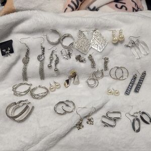 Massive Assorted Earring Lot Bundle Silver Tone Hoops Dangles Studs Rhinestone